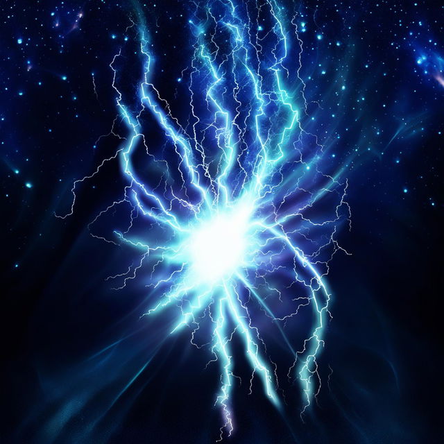 A stunning representation of energy as brilliant lightning bolts surging off a shimmering orb of pure energy set against a dark, nebulous cosmos.