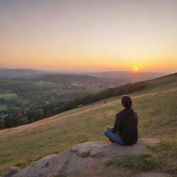 A warm, serene landscape at sunset with a person sitting on a hill, hands clasped, exuding a sense of gratitude.