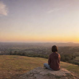 A warm, serene landscape at sunset with a person sitting on a hill, hands clasped, exuding a sense of gratitude.