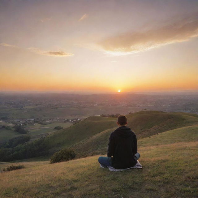 A warm, serene landscape at sunset with a person sitting on a hill, hands clasped, exuding a sense of gratitude.