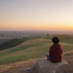 A warm, serene landscape at sunset with a person sitting on a hill, hands clasped, exuding a sense of gratitude.