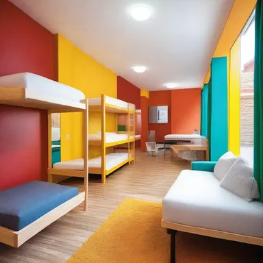 The new hostel has a trendy and modern design, with open spaces and vibrant colors.