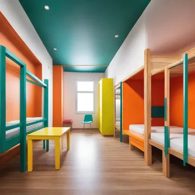 The new hostel has a trendy and modern design, with open spaces and vibrant colors.
