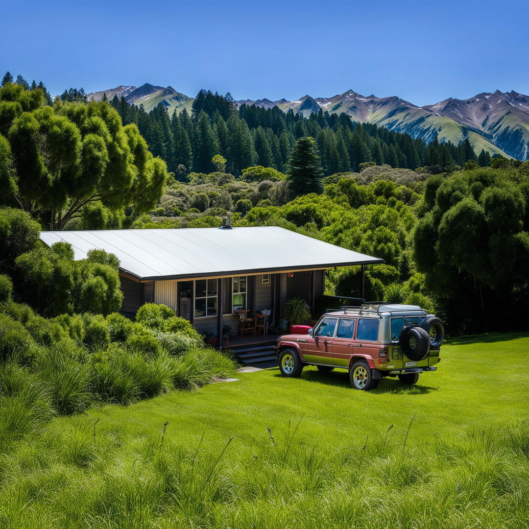 3-bedroom, 1-bathroom homestead in New Zealand with a lush landscape. In the garage, a parked Landcruiser awaits.