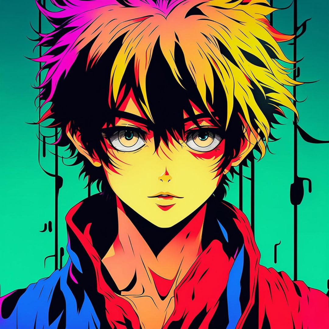 An anime character with eye-catching, vibrant colors and distinctive style