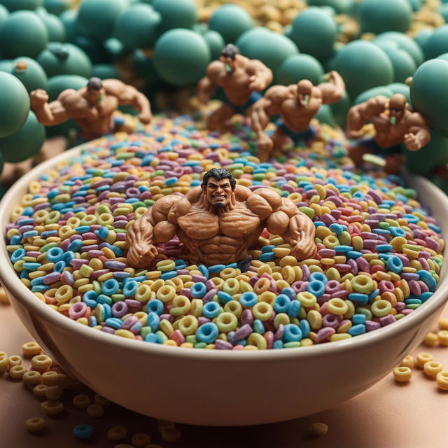 Ultra-detailed and intricate depiction of miniature bodybuilders, muscular and well-defined, swimming energetically amidst the multicolored cereal pieces in a large cereal bowl filled with fresh milk.