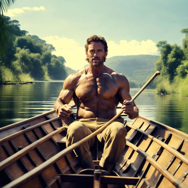 Hugh Jackman, in an old-school wooden single-person boat, rowing down a scenic river with lush vegetation and clear skies.