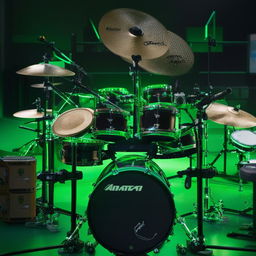 An expansive green electronic drum kit with numerous drums, cymbals, and pads arranged elaborately