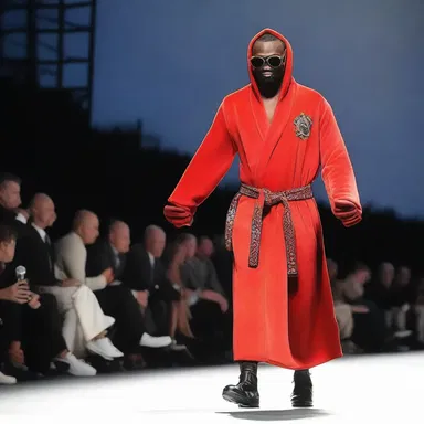 The pugilist walked down the runway, sporting a stylish robe with boxing gloves as accessories.