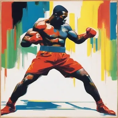 The artist depicted the pugilist's intense fighting stance through bold brushstrokes and vibrant colors.