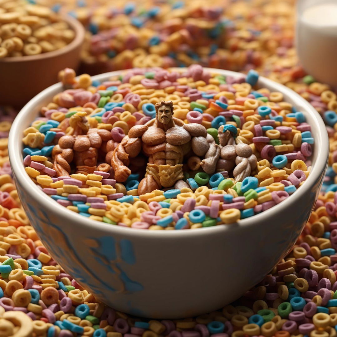 Highly detailed visualization of miniature bodybuilders, shaped as colorful cereal pieces, swirling in a large bowl filled with fresh, creamy milk.