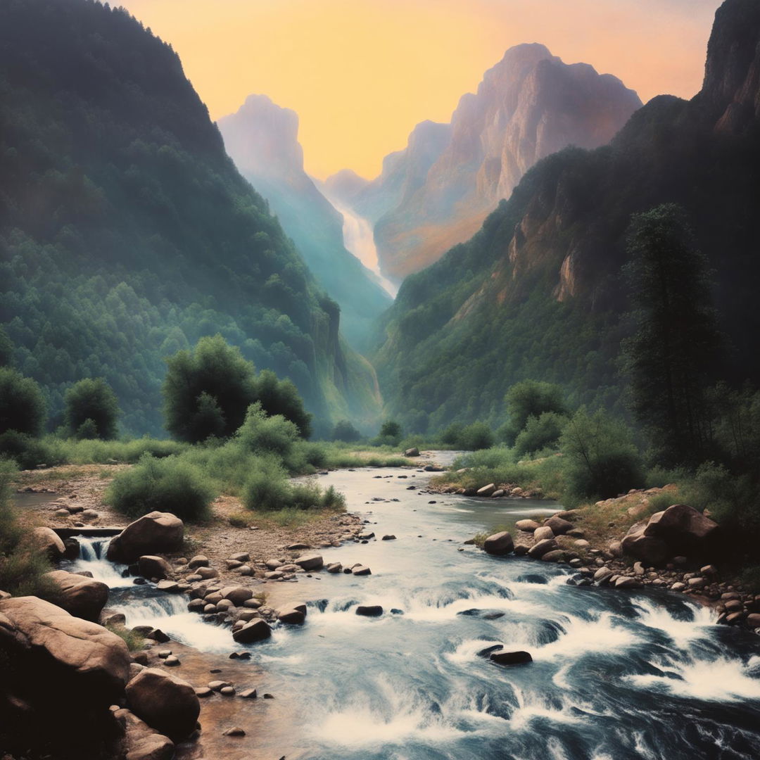 A peaceful river flowing gently through serene mountains, an artistically manifested symbol of love overcoming hatred.