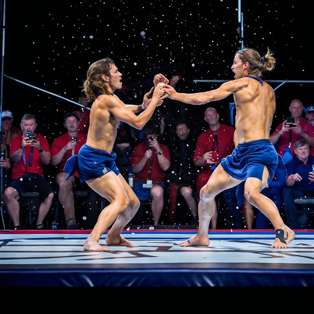 A dramatic scene capturing two individuals in the middle of a high-stakes slap battle on a world championship stage, with an excited crowd watching.