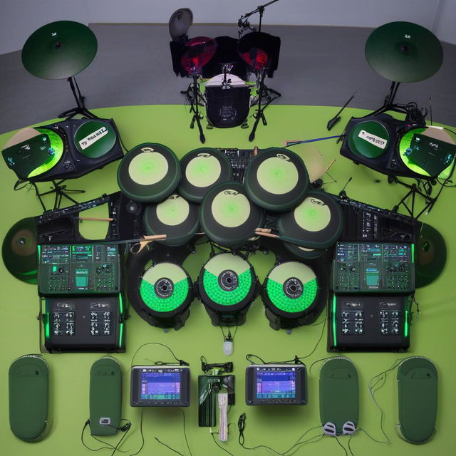 An expansive green electronic drum kit with numerous drums, cymbals, and pads arranged elaborately