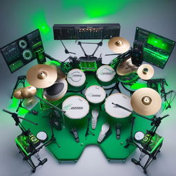 An expansive green electronic drum kit with numerous drums, cymbals, and pads arranged elaborately