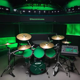 An expansive green electronic drum kit with numerous drums, cymbals, and pads arranged elaborately