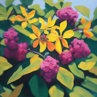The artist used vibrant colors to depict a cassie shrub in their painting.