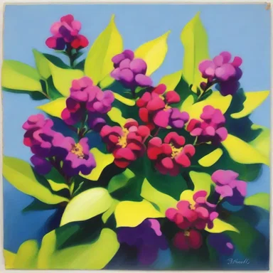 The artist used vibrant colors to depict a cassie shrub in their painting.