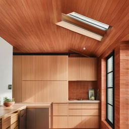 A luxuriously designed kitchen featuring terracotta tile backsplash, soft timber cabinetry, and a luminescent skylight highlighting the architectural elements.