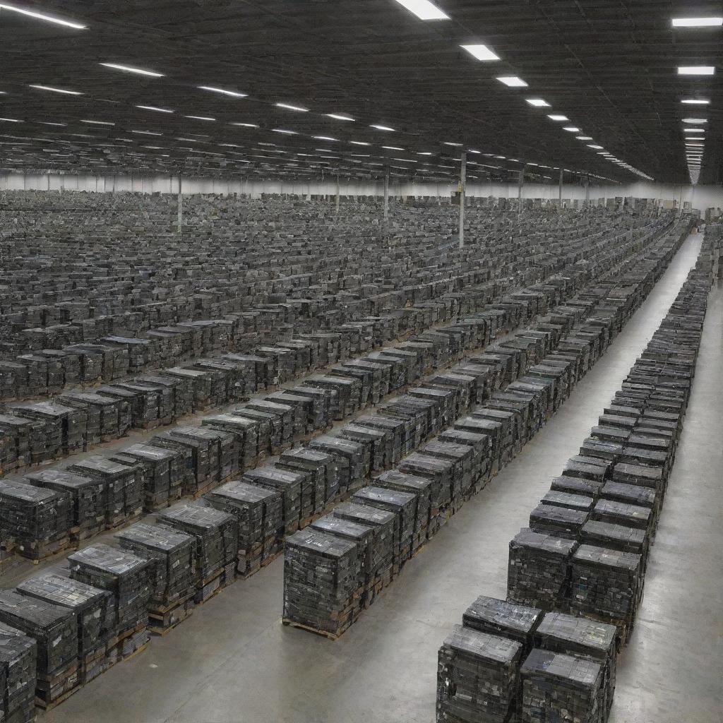 Vast warehouse filled with thousands of 4090s GPUs neatly arranged in rows and piles.