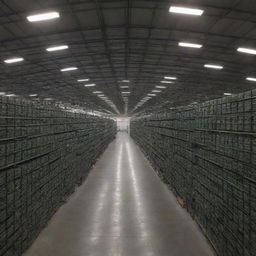 Vast warehouse filled with thousands of 4090s GPUs neatly arranged in rows and piles.