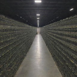 Vast warehouse filled with thousands of 4090s GPUs neatly arranged in rows and piles.