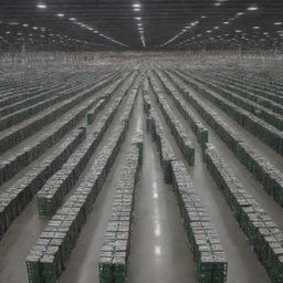 Vast warehouse filled with thousands of 4090s GPUs neatly arranged in rows and piles.