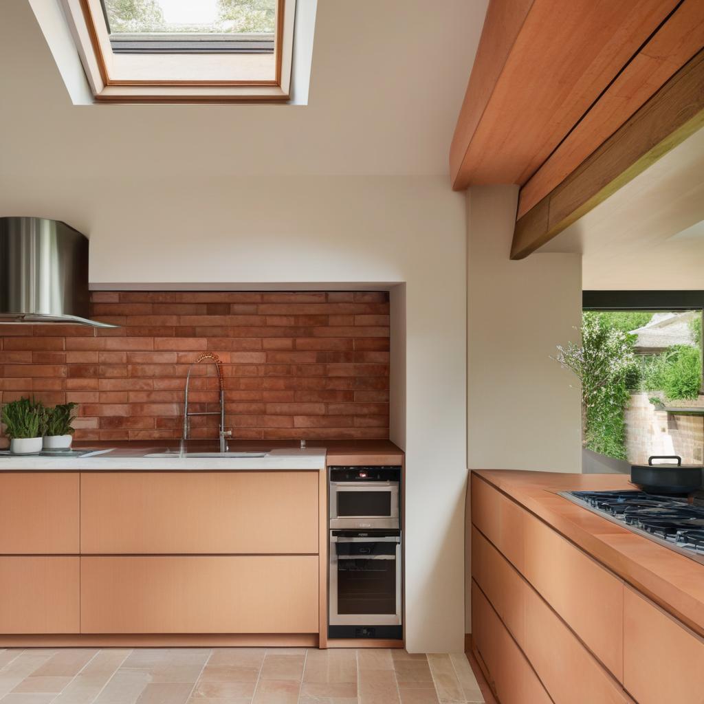 A luxuriously designed kitchen featuring terracotta tile backsplash, soft timber cabinetry, and a luminescent skylight highlighting the architectural elements.