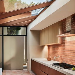 A luxuriously designed kitchen featuring terracotta tile backsplash, soft timber cabinetry, and a luminescent skylight highlighting the architectural elements.