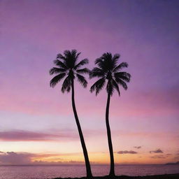 A panoramic view of a Pacific Island sunset with the sky transitioning through warm hues from orange to pink and purple. Tall palm tree silhouettes frame the edges, set against the vivid sky.