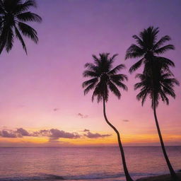 A panoramic view of a Pacific Island sunset with the sky transitioning through warm hues from orange to pink and purple. Tall palm tree silhouettes frame the edges, set against the vivid sky.