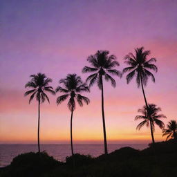 A panoramic view of a Pacific Island sunset with the sky transitioning through warm hues from orange to pink and purple. Tall palm tree silhouettes frame the edges, set against the vivid sky.