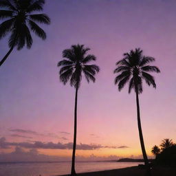 A panoramic view of a Pacific Island sunset with the sky transitioning through warm hues from orange to pink and purple. Tall palm tree silhouettes frame the edges, set against the vivid sky.