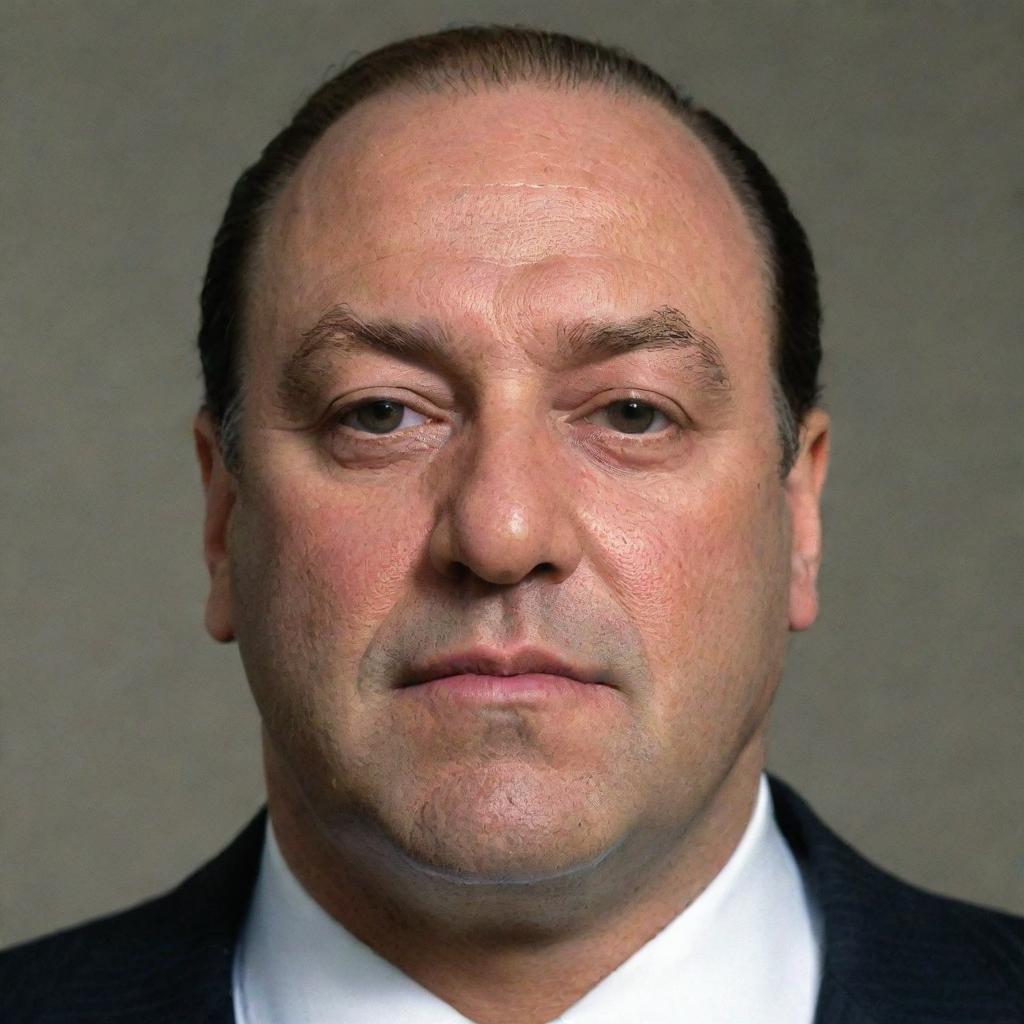 Modify the previous image of Tony Soprano to represent him with even darker skin complexion.