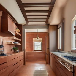 A luxuriously designed kitchen featuring terracotta tile backsplash, soft timber cabinetry, and a luminescent skylight highlighting the architectural elements.