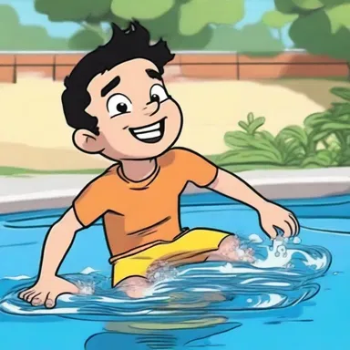 The character jumped into the pool and was knee-deep in water in the cartoon.