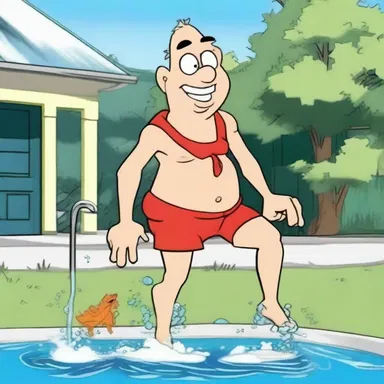 The character jumped into the pool and was knee-deep in water in the cartoon.