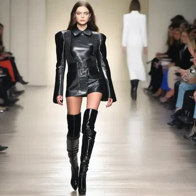 The model walked down the runway wearing knee-deep boots, showcasing the latest fashion trend.
