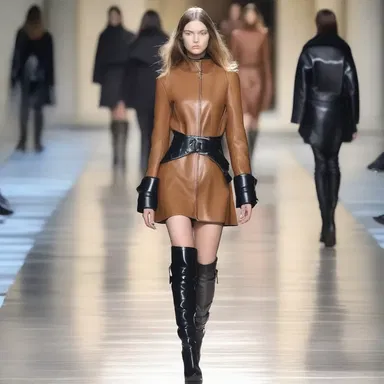 The model walked down the runway wearing knee-deep boots, showcasing the latest fashion trend.
