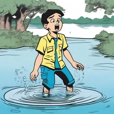 In the comic strip, the character is shown knee-deep in water while trying to catch fish.