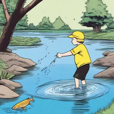In the comic strip, the character is shown knee-deep in water while trying to catch fish.