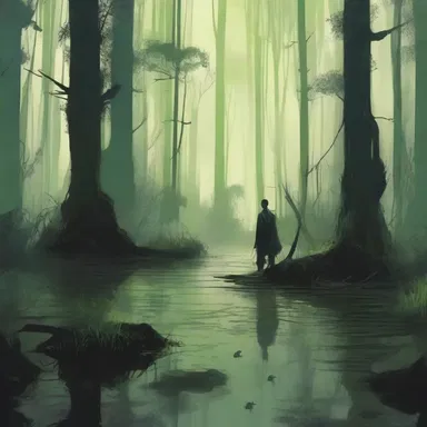 The protagonist in the fantasy novel found himself knee-deep in a swamp full of mystical creatures.