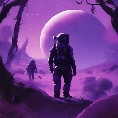 In the science fiction short story, the explorers landed on a distant planet covered in knee-deep purple vegetation.