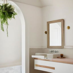 White plaster wall featuring a beautiful bathroom vanity beside a mirror. Accented with greenery in a jar for an architectural photography vibe.