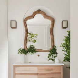 White plaster wall featuring a beautiful bathroom vanity beside a mirror. Accented with greenery in a jar for an architectural photography vibe.