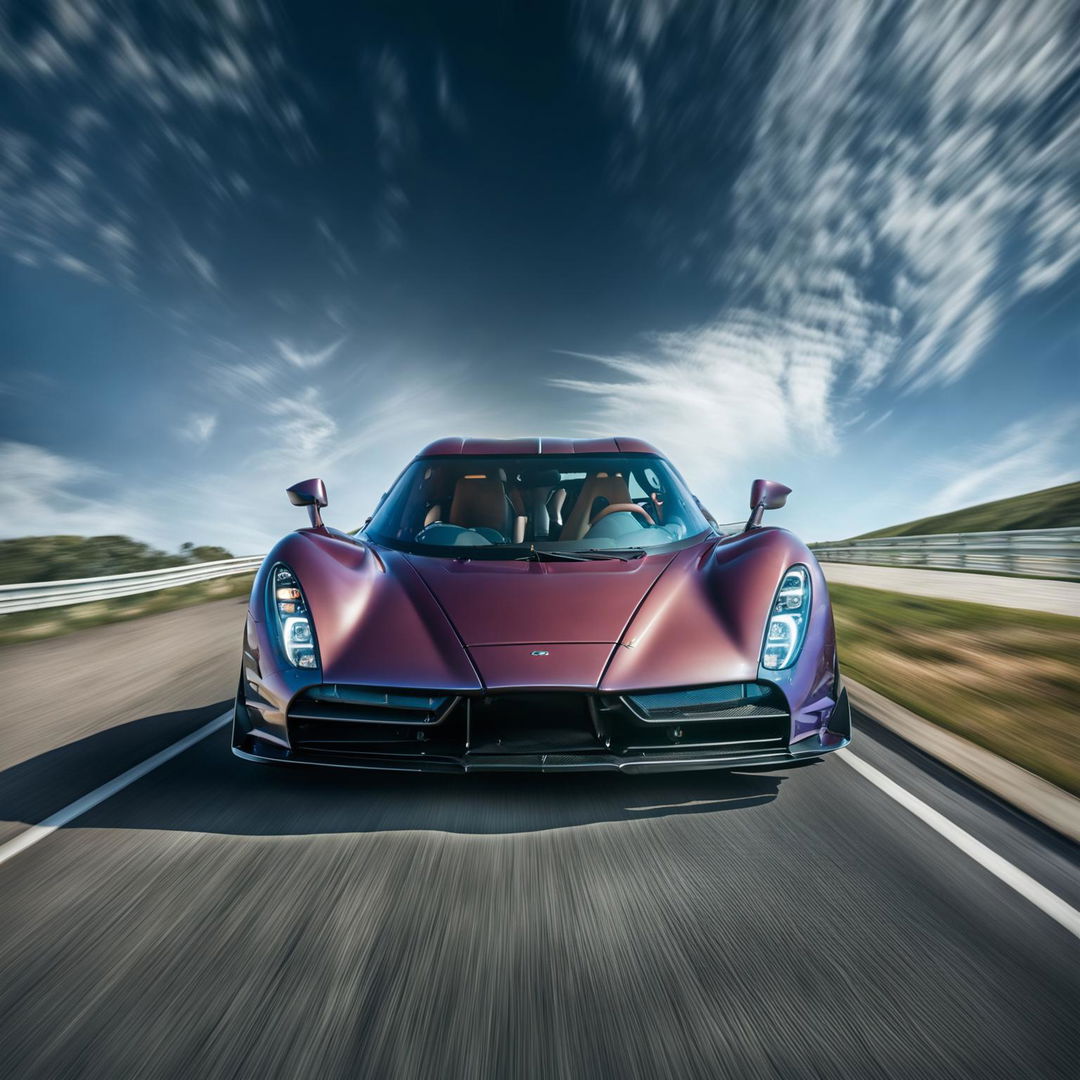 A detailed image of a Koenigsegg hypercar in motion, such a speed that it appears to be taking flight off the road into a majestic sky