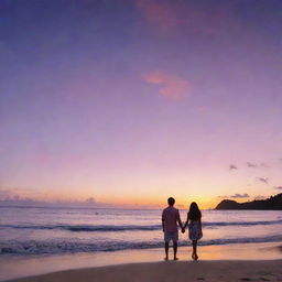 A panoramic Pacific Island sunset cover, featuring a sky transitioning from orange, pink to purple hues. In the foreground, focus on a couple named Kai and Leilani, profiles facing each other, standing on a sandy beach