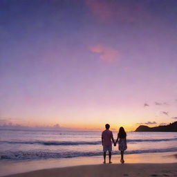 A panoramic Pacific Island sunset cover, featuring a sky transitioning from orange, pink to purple hues. In the foreground, focus on a couple named Kai and Leilani, profiles facing each other, standing on a sandy beach