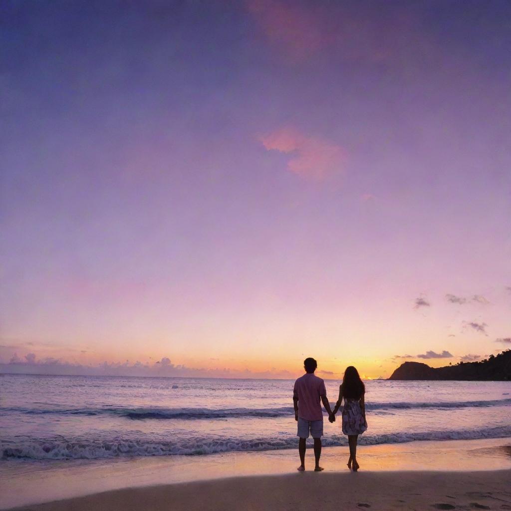 A panoramic Pacific Island sunset cover, featuring a sky transitioning from orange, pink to purple hues. In the foreground, focus on a couple named Kai and Leilani, profiles facing each other, standing on a sandy beach