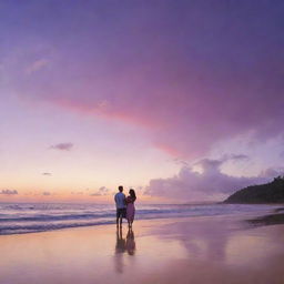 A panoramic Pacific Island sunset cover, featuring a sky transitioning from orange, pink to purple hues. In the foreground, focus on a couple named Kai and Leilani, profiles facing each other, standing on a sandy beach